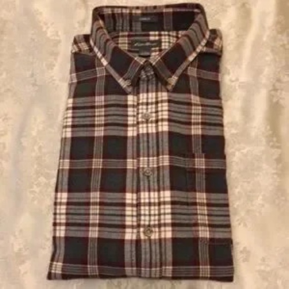 Eddie Bauer Men's Black & Cream Plaid Button-Down Shirt - Picture 2 of 12